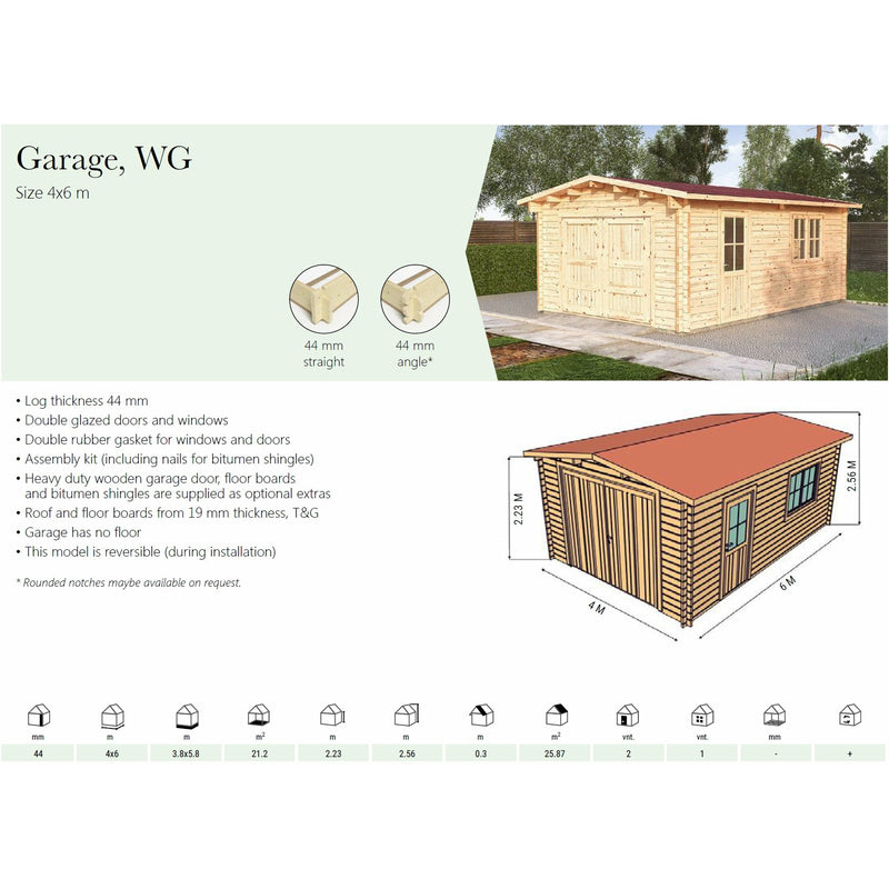 Eurowood (Eurovudas) Wooden garage with wooden gates 4x6m (13x20), 44mm - Outside Store