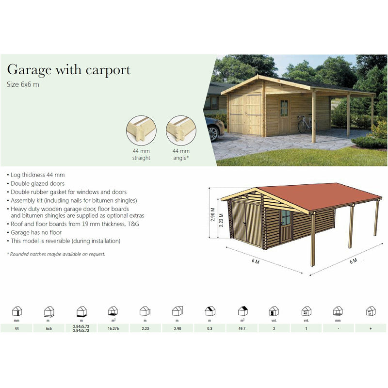 Eurowood (Eurovudas) Wooden Garage + Carport 6x6m (20x20), 44mm - Outside Store