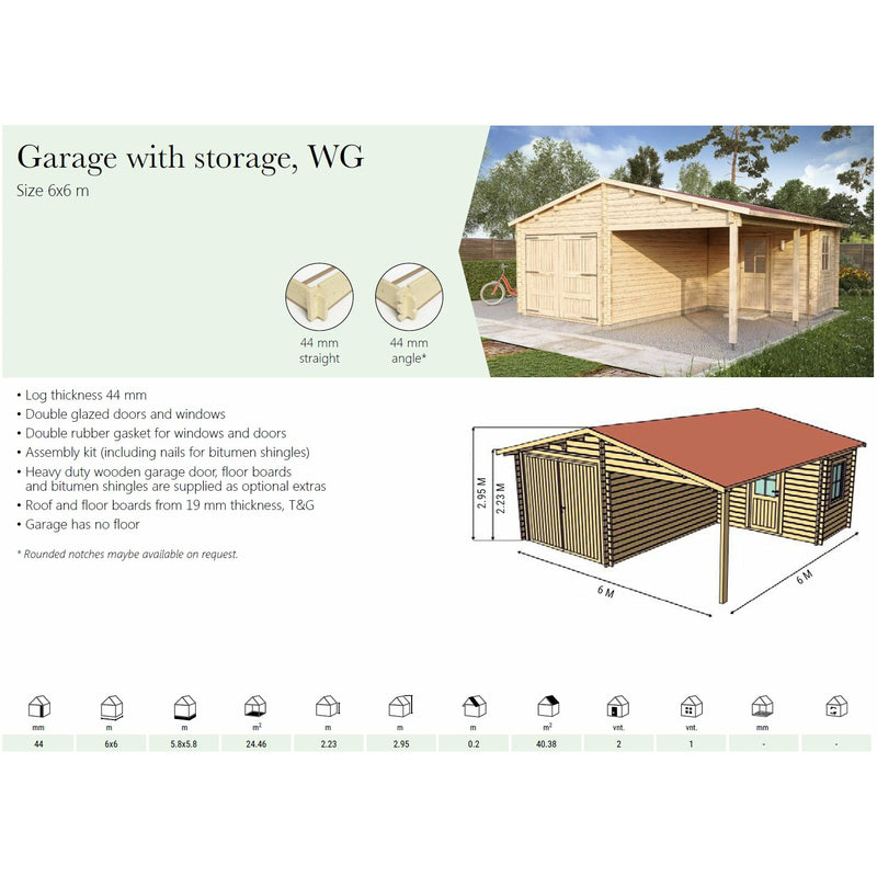 Eurowood (Eurovudas) Garage and Workshop with Wooden Gates 6x6m (20x20), 44mm - Outside Store