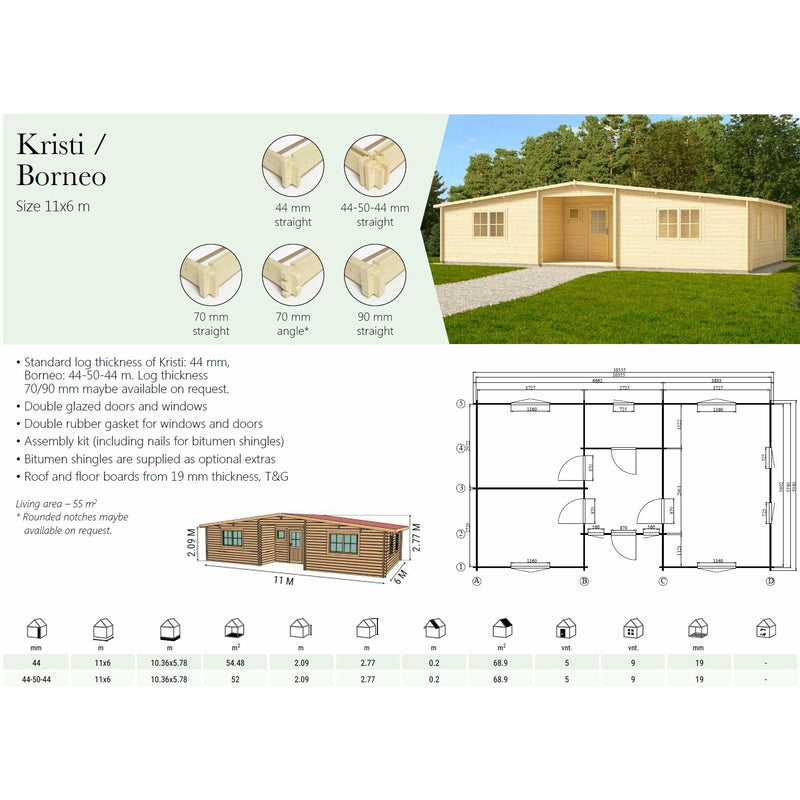 Eurowood (Eurovudas) Kristi Wooden Summerhouse 11x6m (36x20), 44mm - Outside Store