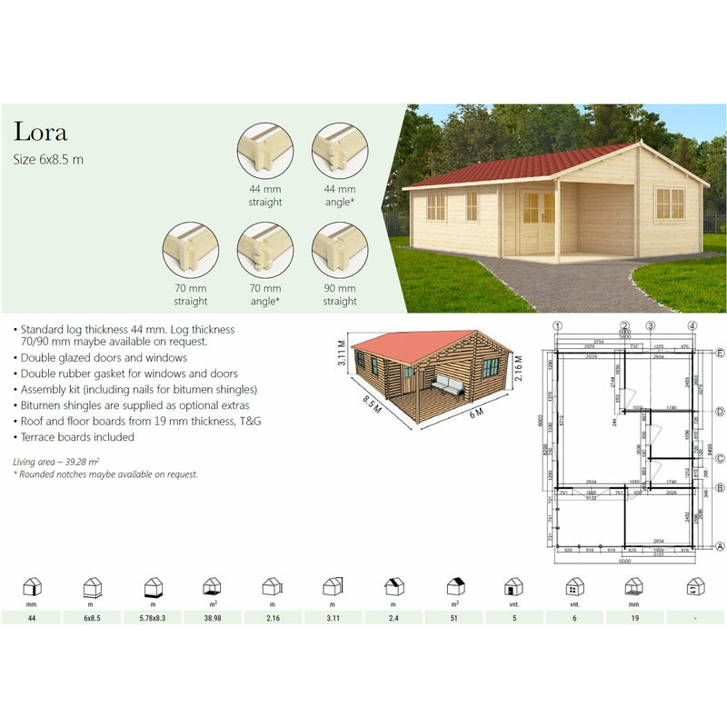 Eurowood (Eurovudas) Lora Wooden Summerhouse 6x8.5m (20x28), 44mm - Outside Store