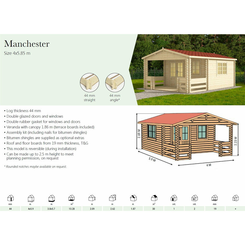 Eurowood (Eurovudas) Manchester Log Cabin 4m x 5.85m (13x19), 70 mm - Outside Store