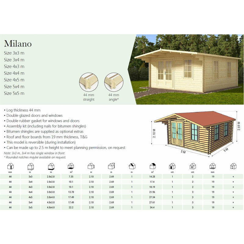 Eurowood (Eurovudas) Milano Log Cabin 5x4m (16x13), 44mm - Outside Store