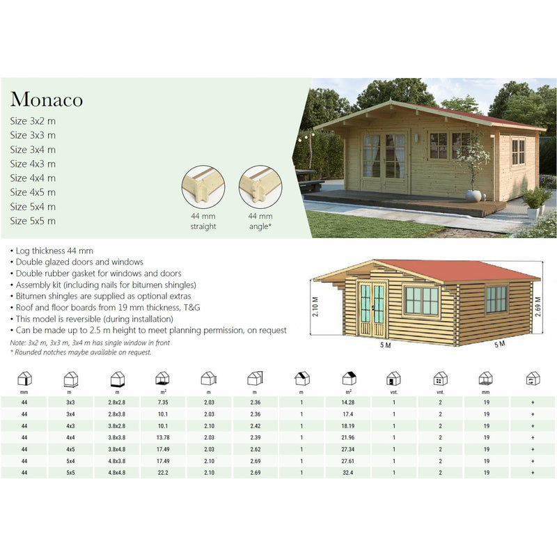 Eurowood (Eurovudas) Monaco Log Cabin 5x4m (16x13), 44mm - Outside Store