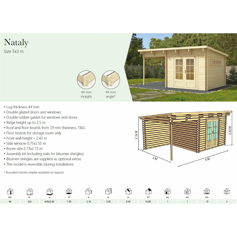 Eurowood (Eurovudas) Nataly Log Cabin 5x3m (16x10), 44mm - Outside Store