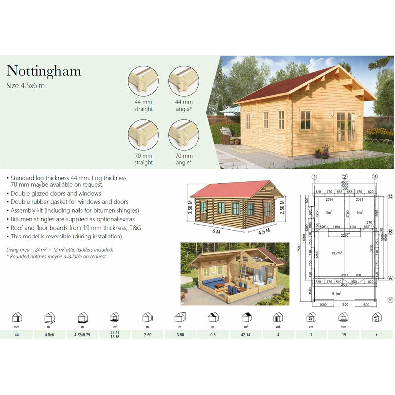 Eurowood (Eurovudas) Nottingham Wooden Summerhouse 4.5x6m, (15x20) 44mm - Outside Store