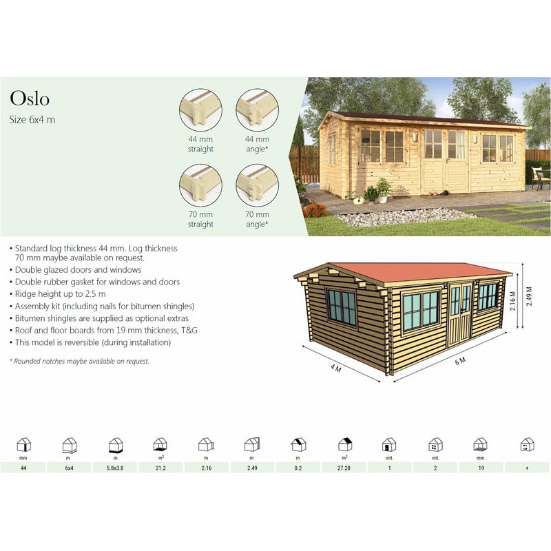 Eurowood (Eurovudas) Oslo Log Cabin 6x4m (20x13), 44mm - Outside Store