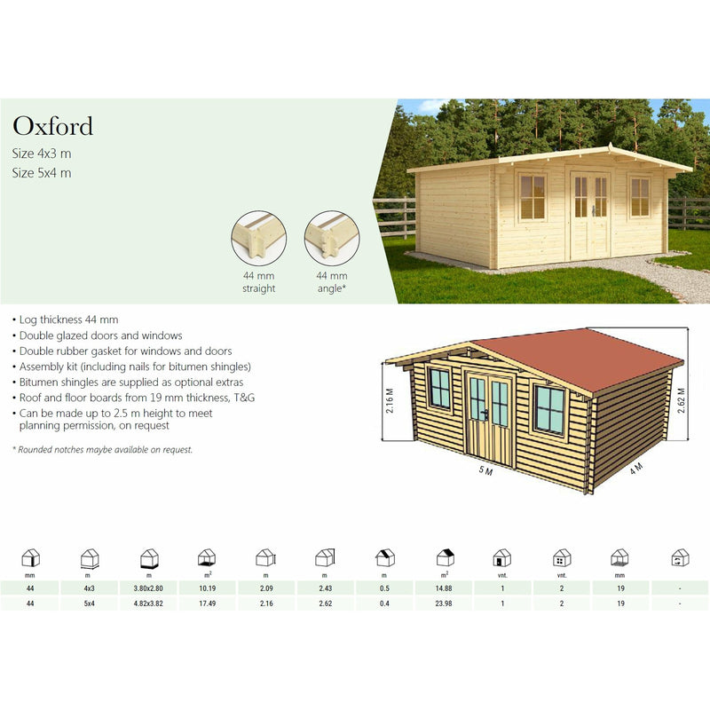 Eurowood (Eurovudas) Oxford Log Cabin 5x4m (16x13), 44mm - Outside Store