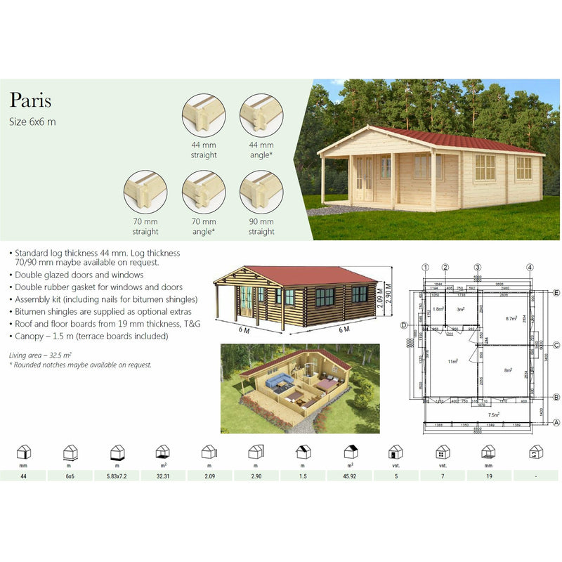 Eurowood (Eurovudas) Paris 6x6m, (20x20) 44mm - Outside Store