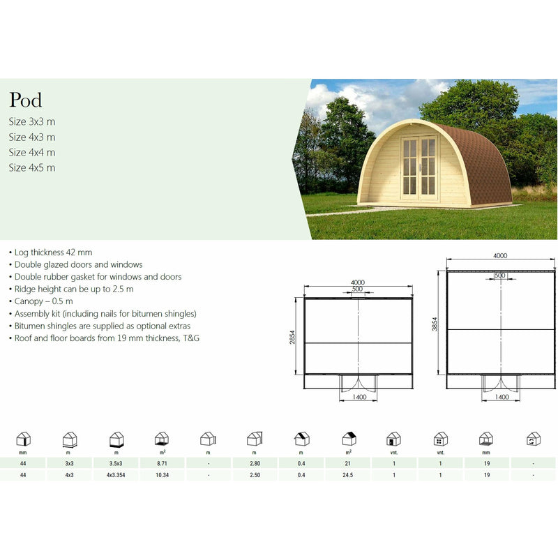 Eurowood (Eurovudas) Camping Pod Log Cabin 3x3m (10x10), 44mm - Outside Store