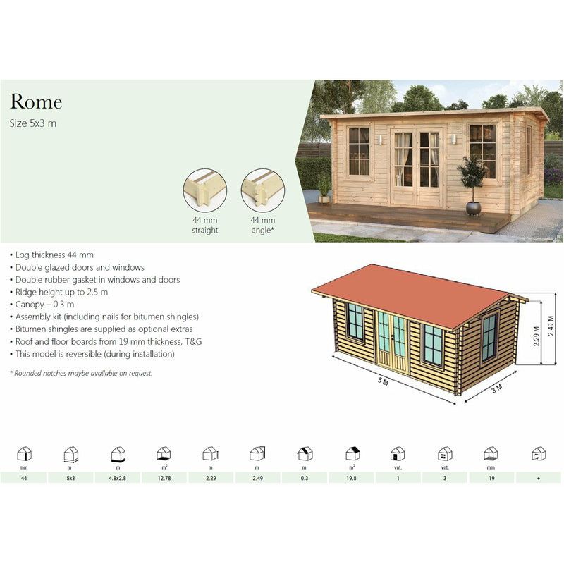 Eurowood (Eurovudas) Rome Plus Log Cabin 5x3m (16x10), 44mm - Outside Store