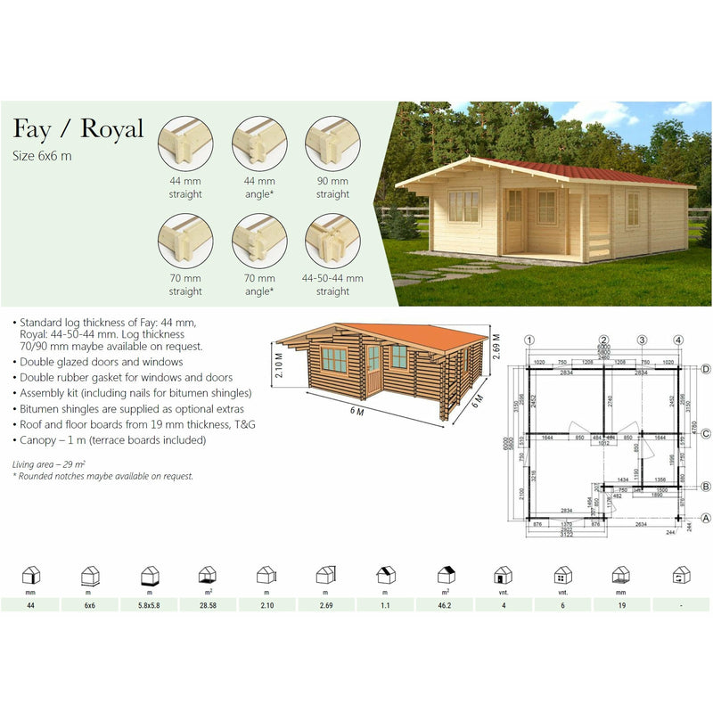 Eurowood (Eurovudas) Royal 6x6m (20x20), 44 mm - Outside Store