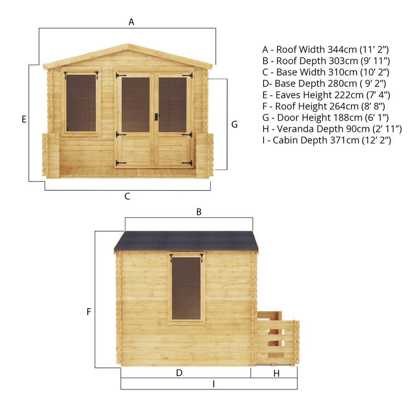 Mercia 19mm Log Cabin with Veranda (11x12) (3.3m x 3.7m) (SI-006-001-0024 - EAN 5029442078687)