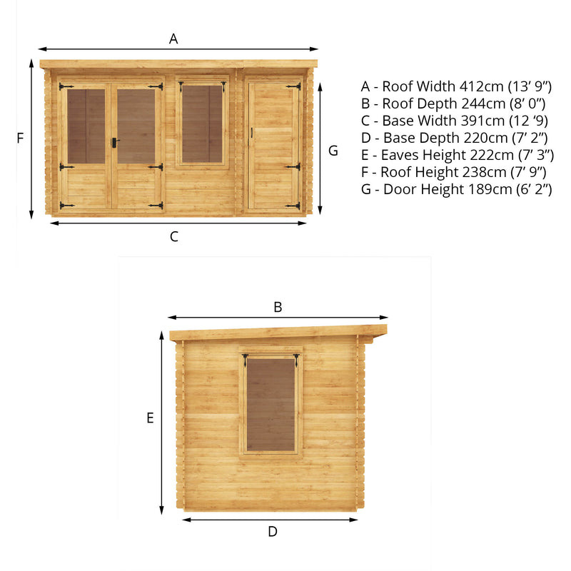 Mercia 19mm Pent Log Cabin with Side Shed (13x8) (4.1m x 2.4m) (SI-006-001-0035 - EAN 5029442002477)