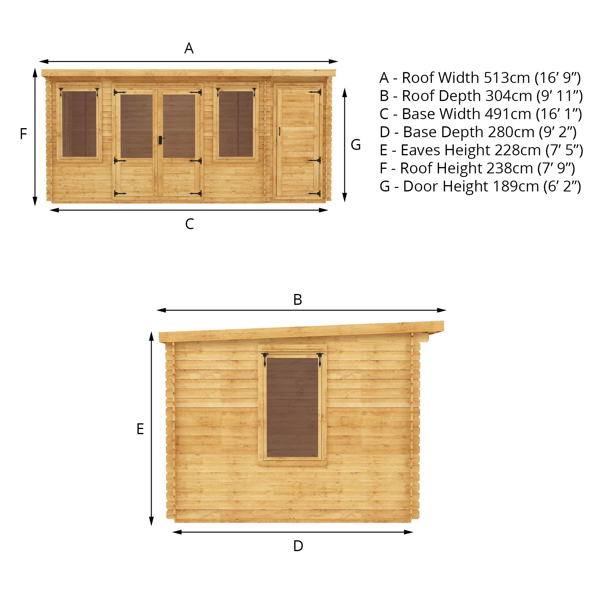 Mercia 19mm Pent Log Cabin with Side Shed (17x10) (5.1m x 3m) (SI-006-001-0036 - EAN 5029442002484)