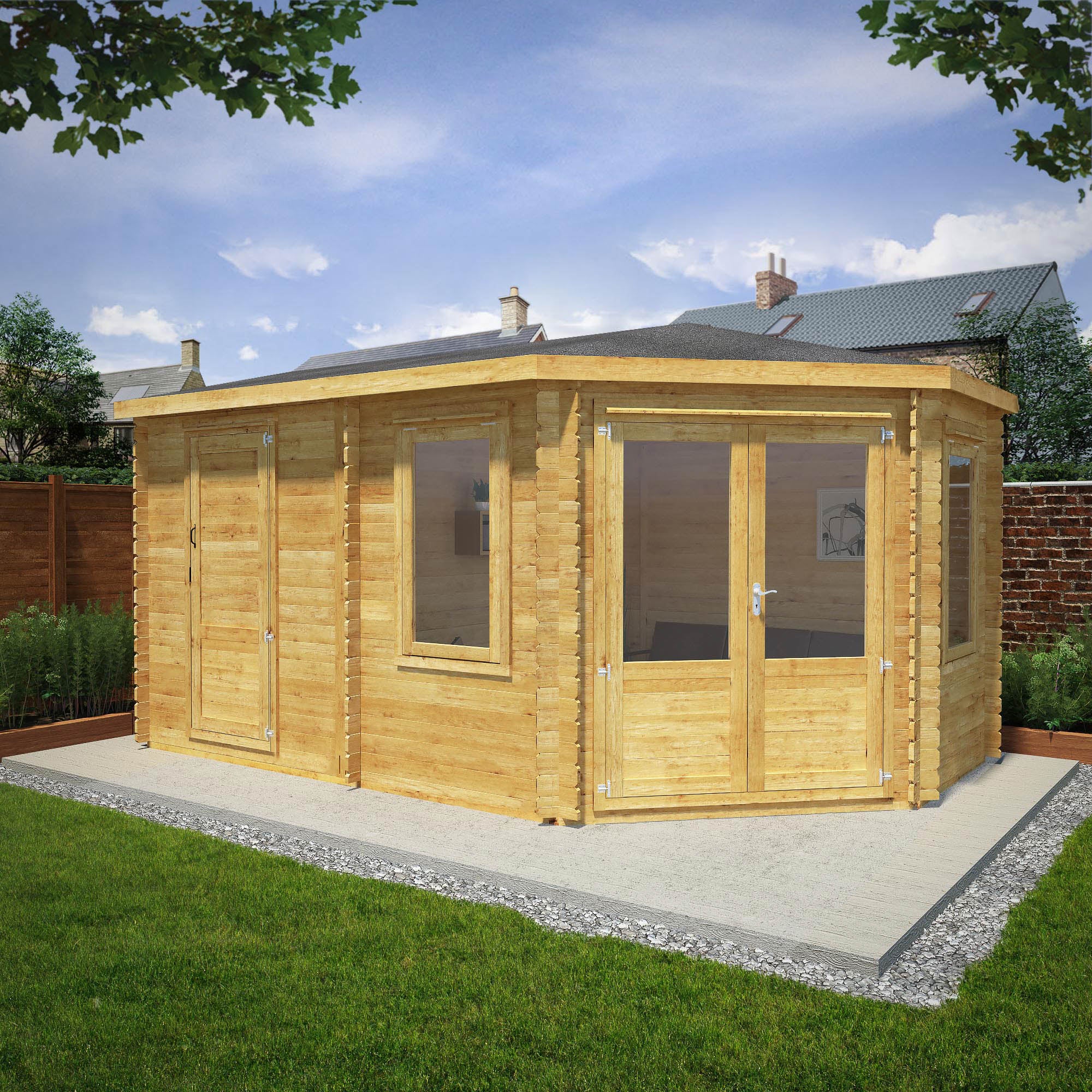 Mercia 28mm Corner Lodge Plus with Side Shed and Double Glazing (16x10) (5m x 3m) (SI-006-002-0055 - EAN 5029442002712)