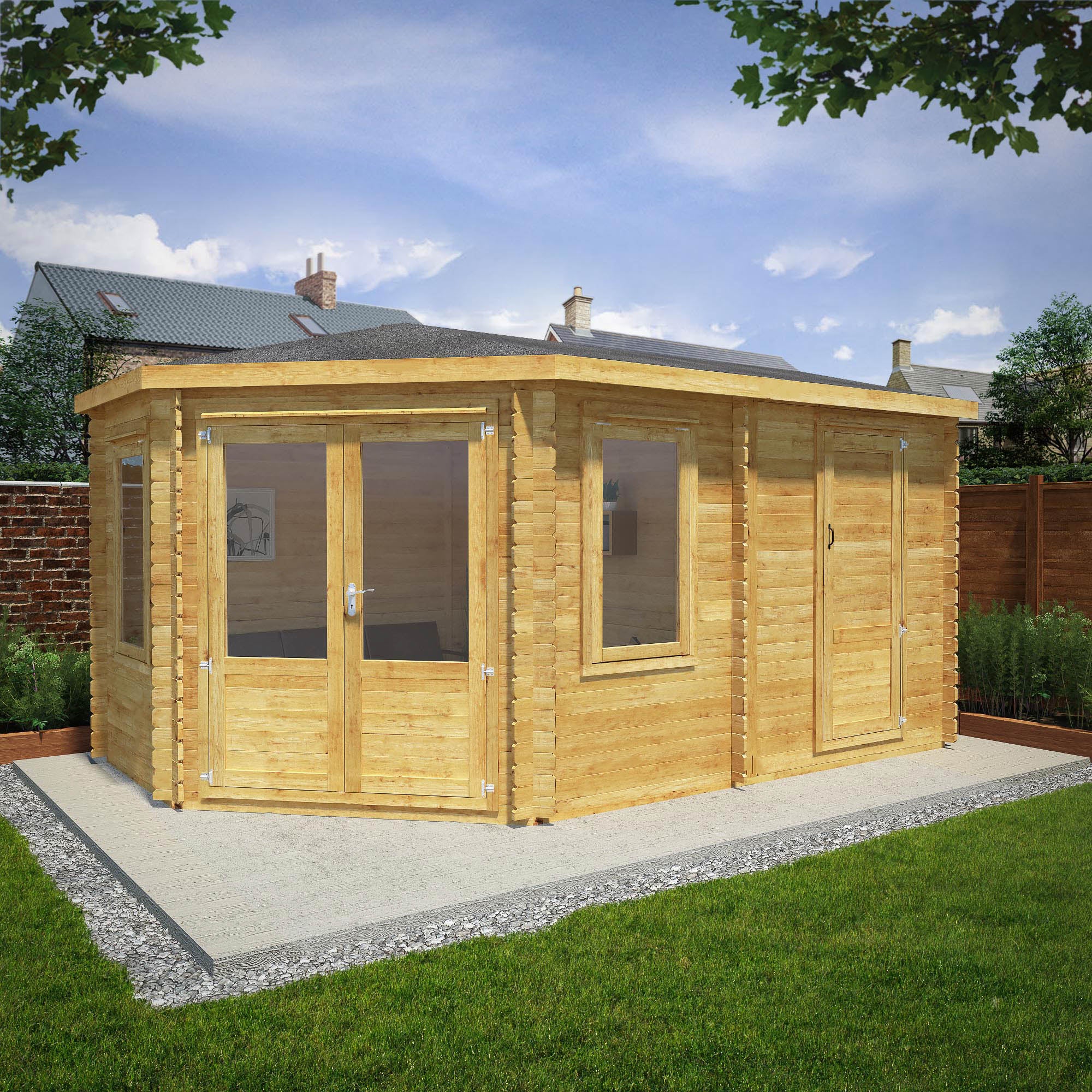 Mercia 34mm Corner Lodge Plus with Side Shed and Double Glazing (16x10) (5m x 3m) (SI-006-003-0082 - EAN 5029442005584)