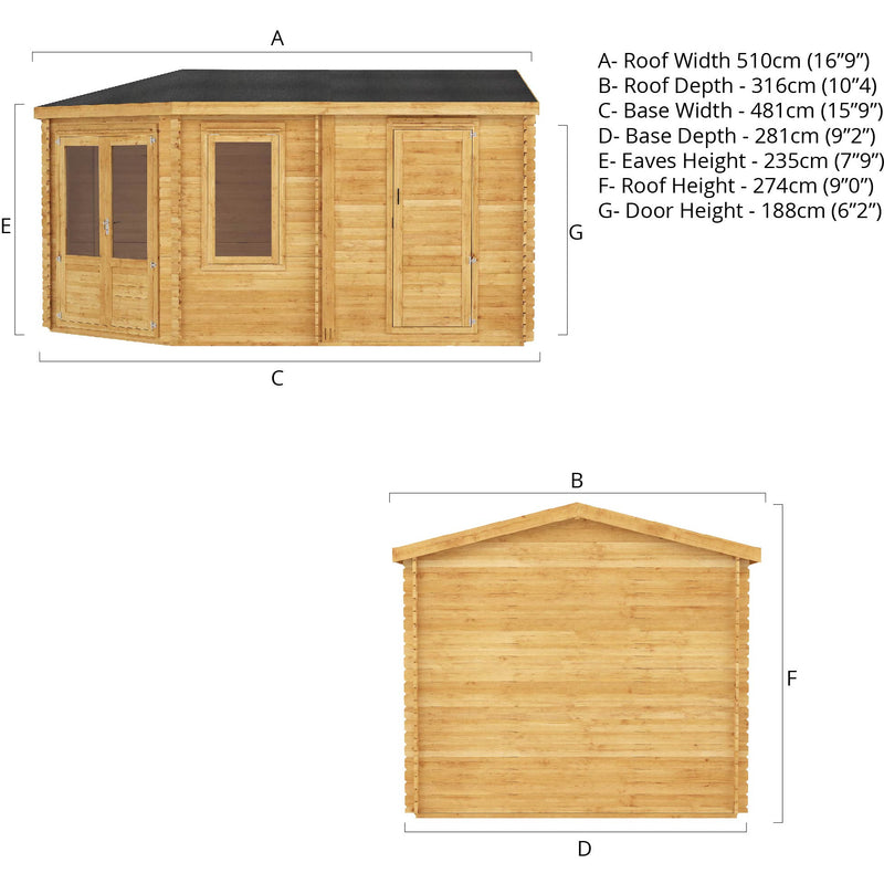 Mercia 44mm Corner Lodge Plus with Side Shed and Double Glazing (16x10) (5m x 3m) (SI-006-004-0082 - EAN 5029442005591)